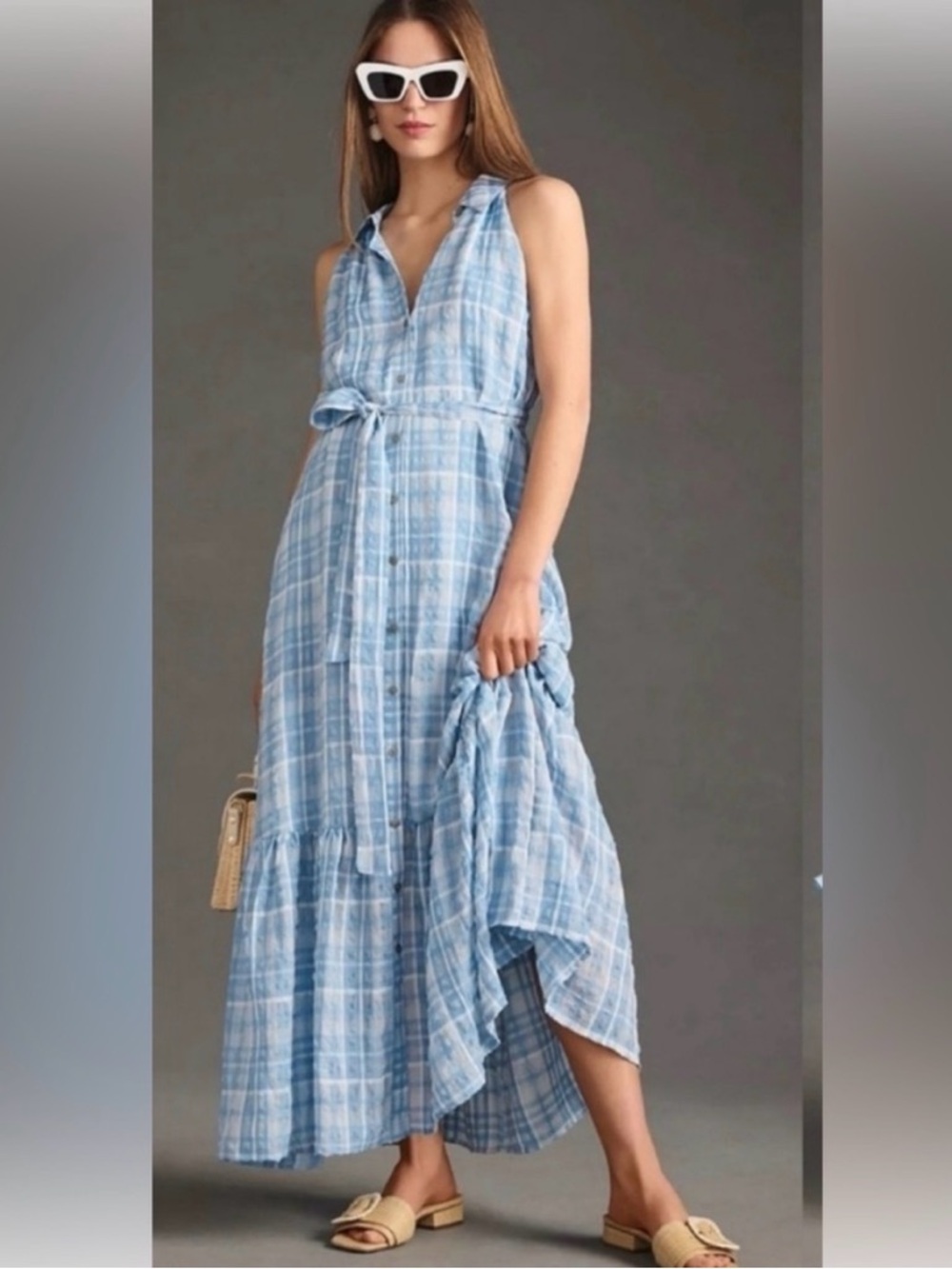 Light Blue Plaid Sleeveless Button-Down Maxi Dress